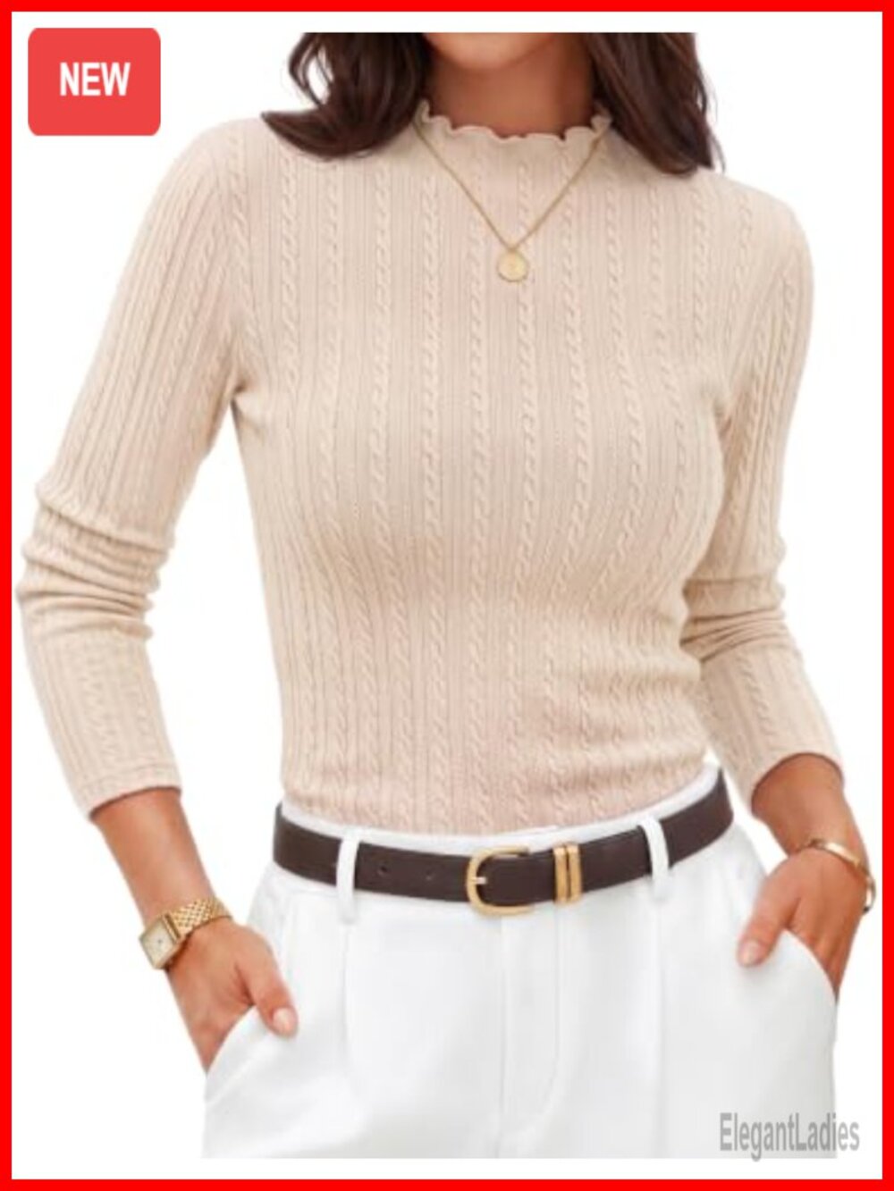 Mock Neck Long Sleeve Cable Knit Slim Fit Blouse Business Casual Top